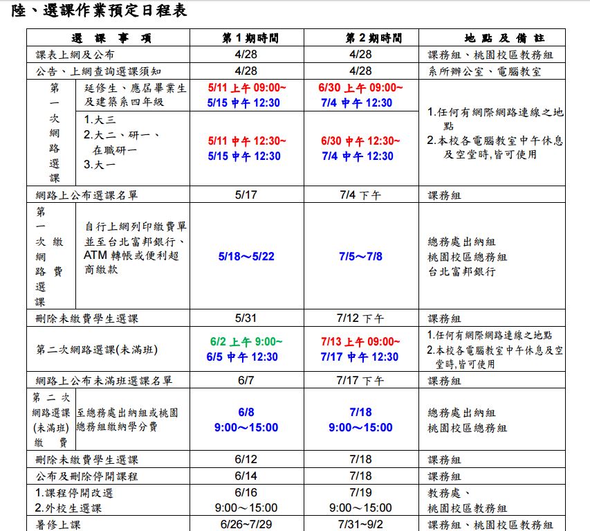 銘傳105暑修網路選課日程表